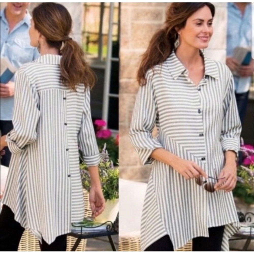 Soft Surroundings Cotton Blend Tan White Striped Sharkbite Tunic Top XL Striped